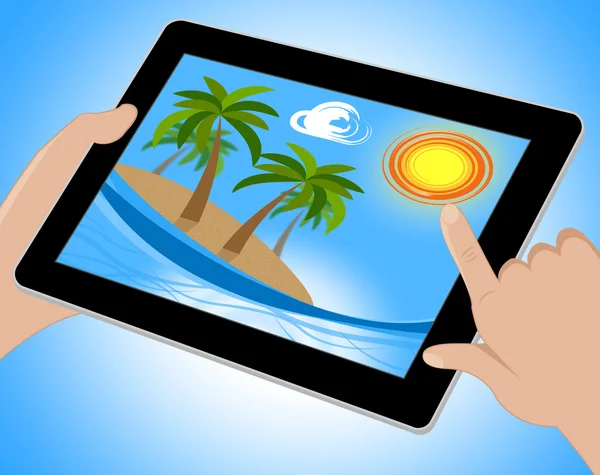 Tropisch eiland Tablet Shows exotische strand 3d illustratie — Stockfoto