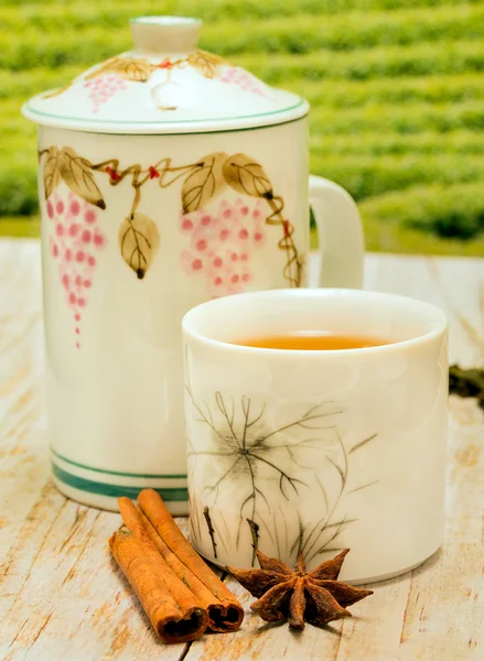 Tea With Cinnamon Shows Cup Teacup And Cafeteria — Stock Photo, Image
