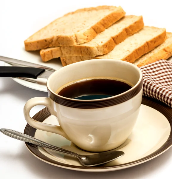 Ekmek ve kahve anlamına gelir yemek vakti ve siyah — Stok fotoğraf