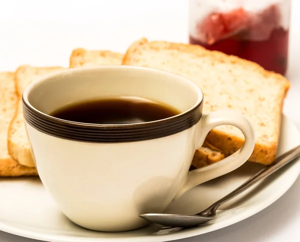 Ekmek ve kahve gösterir yemek vakti ve içecekler — Stok fotoğraf