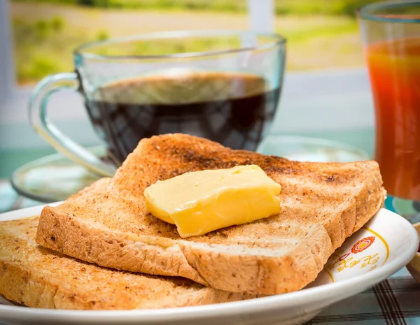 Breakfast Butter Toast Means Fruit Jam And Beverage — Stock Photo, Image