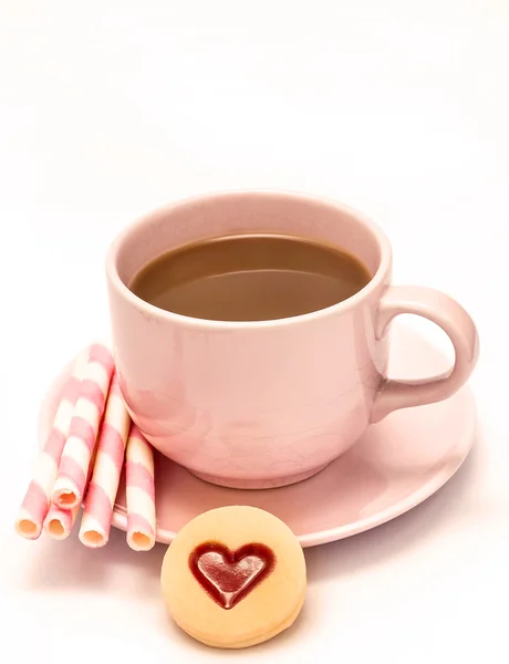 Valentines Coffee Heart Represents Cracker Biscuit And Cookies — Stock Photo, Image