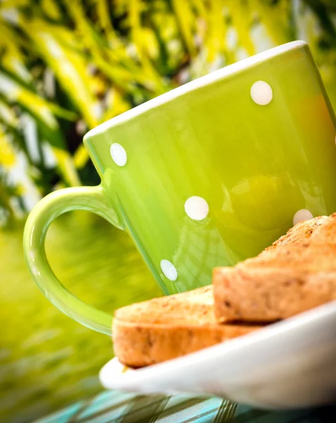 Outdoor Breakfast Toast Represents Meal Time And Beverage — Stock Photo, Image