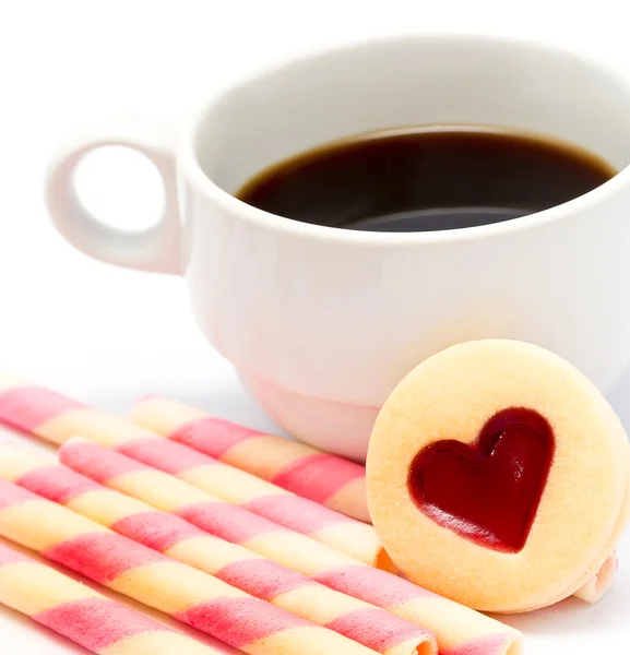 Heart Coffee Cookie Means Valentines Cracker And Biscuit — Stock Photo, Image