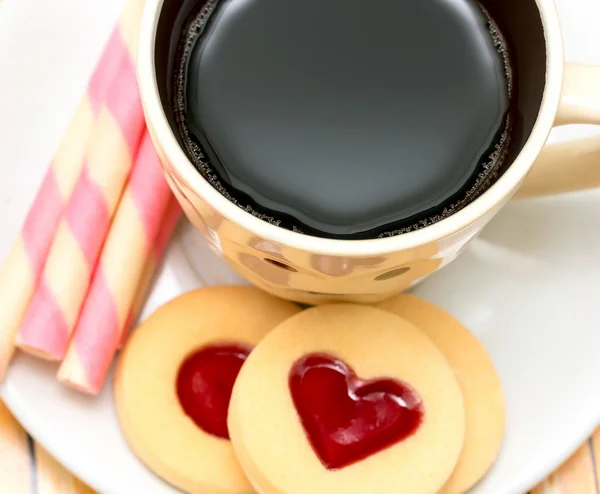 Heart And Coffee Means Valentines Bickies And Biscuits — Stock Photo, Image