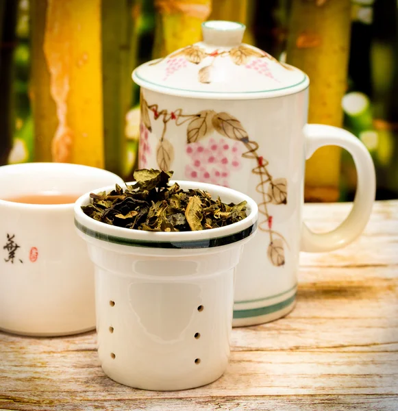 Refrescante té japonés muestra tiempo de descanso y cafés —  Fotos de Stock