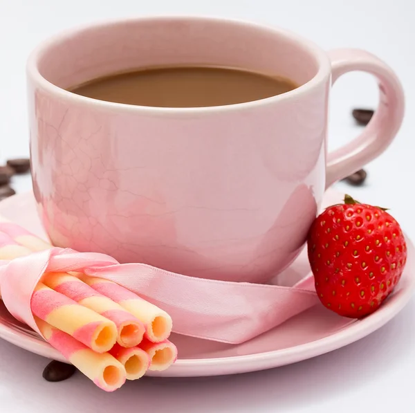 Coffee And Strawberry Represents Delicious Cracker And Biscuits — Stock Photo, Image
