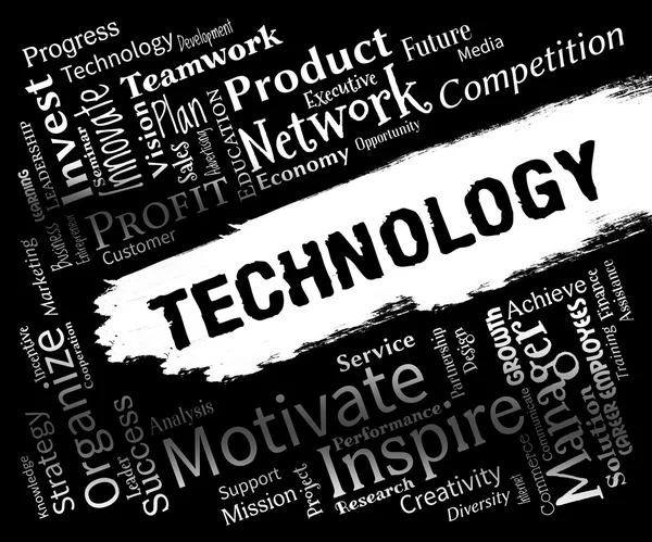 Las palabras de la tecnología representan la electrónica digital y la alta tecnología — Foto de Stock