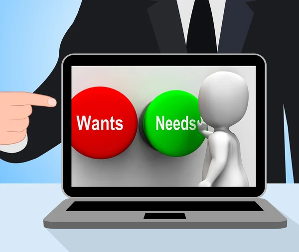 Wants Needs Buttons Displays Materialism Happy Life Balance — Stock Photo, Image