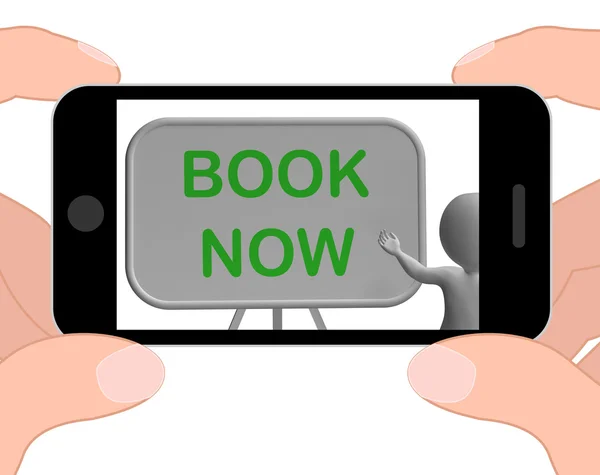 Book Now Phone Shows Reserving Or Arranging — Stock Photo, Image