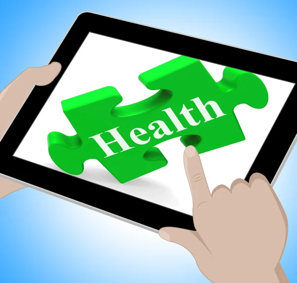 Gezondheid tablet toont Wellness- en fitnesscentrum op web — Stockfoto