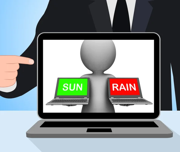 Zon regen laptops weergegeven weerbericht zonnige of regende — Stockfoto