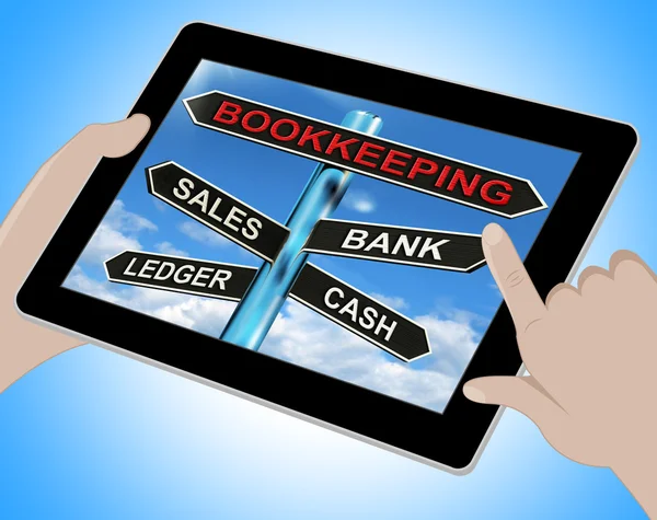 Bookkeeping Tablet Means Sales Ledger Bank And Cash — Stock Photo, Image