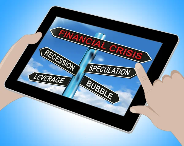 Financial Crisis Tablet Shows Recession Speculation Leverage And — Stock Photo, Image
