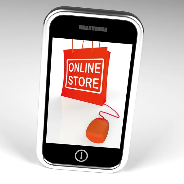 Online Store Bag Displays Shopping and Buying From Internet Stor — Stock Photo, Image