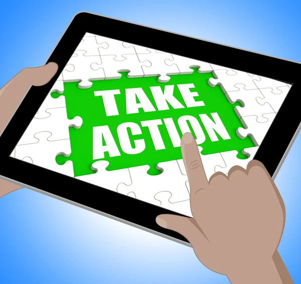 Take Action Tablet Means Urge Inspire Or Motivate — Stock Photo, Image