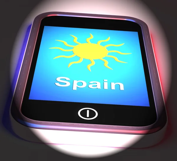 Spain On Phone Displays Holidays And Sunny Weather — Stock Photo, Image