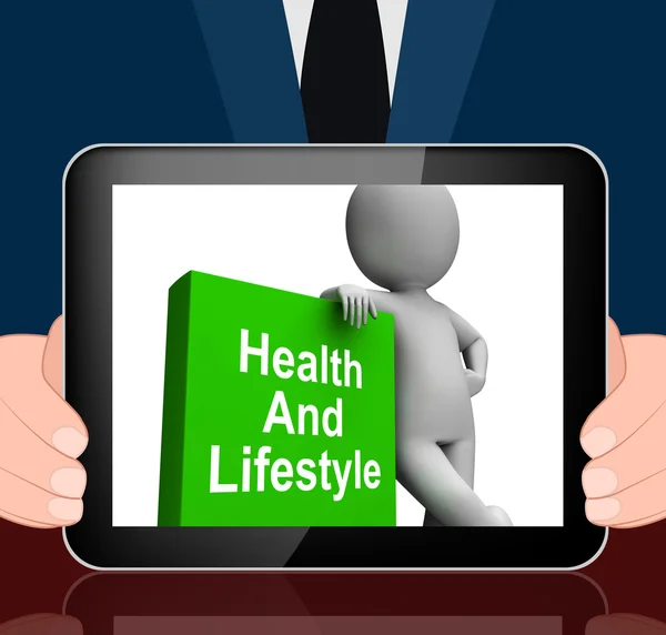 Health And Lifestyle Book With Character Displays Healthy Living — Stock Fotó