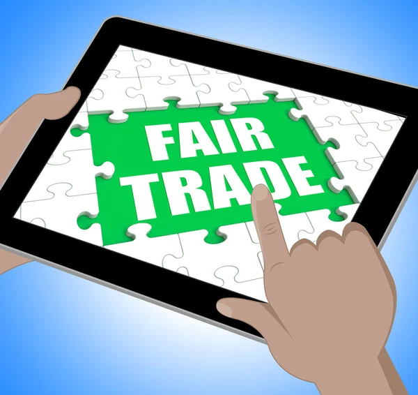 Tablette commerce équitable signifie magasiner ou acheter Fairtrade — Photo