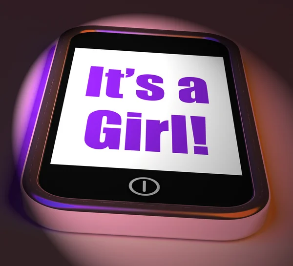 It's A Girl On Phone Displays Newborn Female Baby — Stock Photo, Image