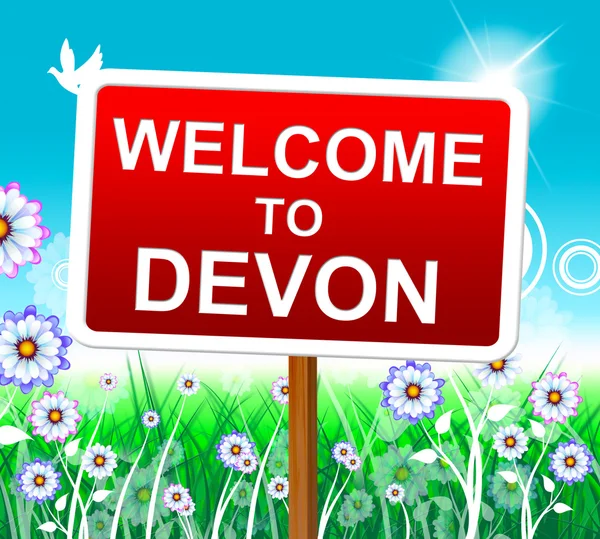 Welcome To Devon Indicates United Kingdom and Arrival — стоковое фото