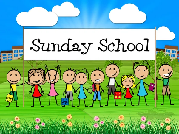Sunday School Banner Represents Prayer Praying And Youngsters — Stock Photo, Image