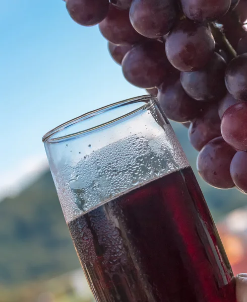 Uvas y jugos muestran productos orgánicos y bebidas —  Fotos de Stock