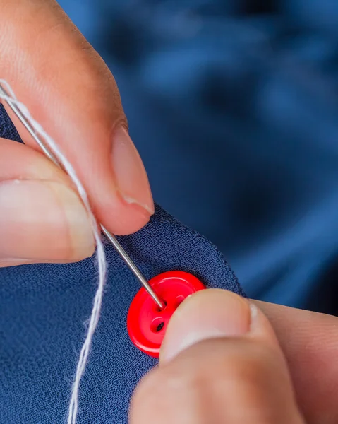 Sewing Button Means Stitchwork Textiles And Seamstress — Stock Photo, Image