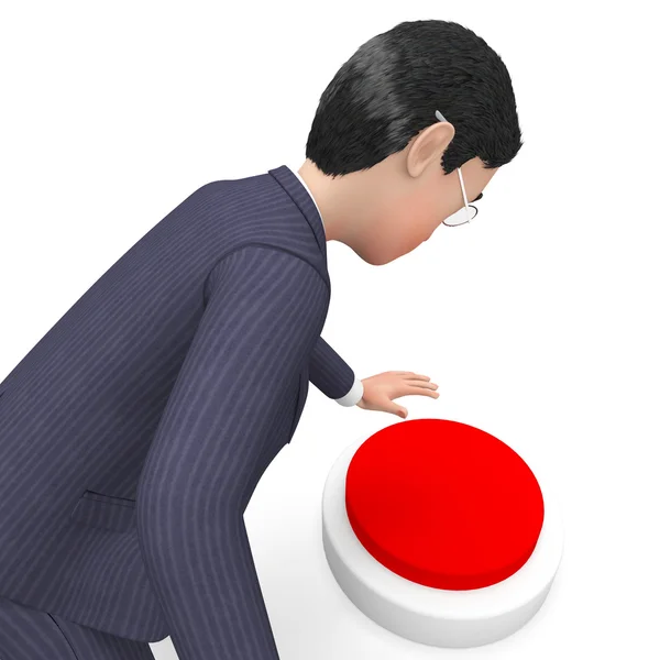 Empresário pressionando botão mostra botão comercial e empurra — Fotografia de Stock