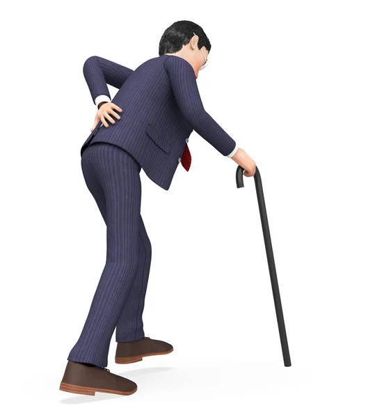Homem com dor nas costas mostra disco e cara escorregou — Fotografia de Stock