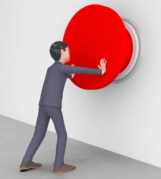 Empresário apertado botão mostra sinal de alerta e Biz — Fotografia de Stock
