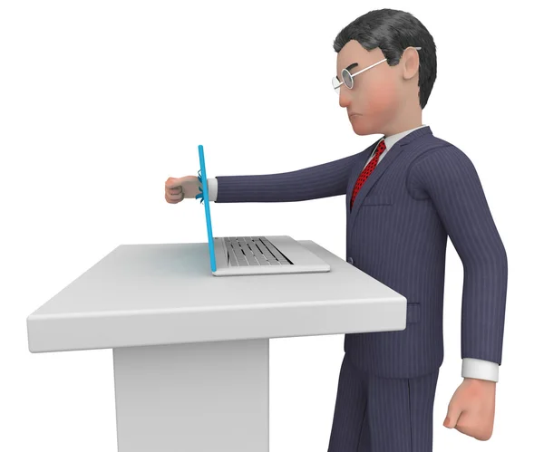 Businessman Punches Laptop Means Computer Commerce And Furious — Stock Photo, Image