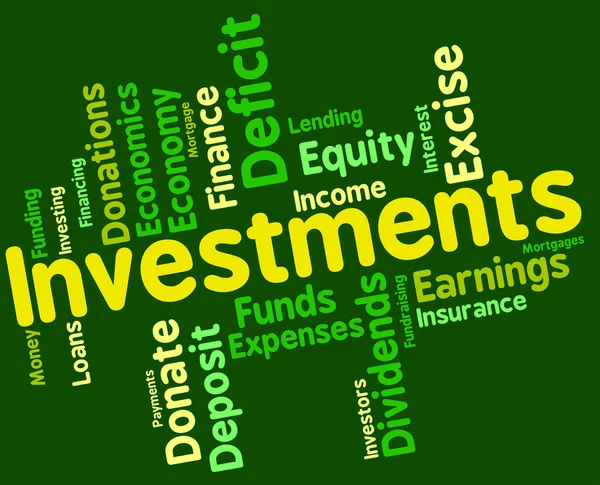 Investeringen woord geeft aan investeerder woorden en gelegenheid — Stockfoto