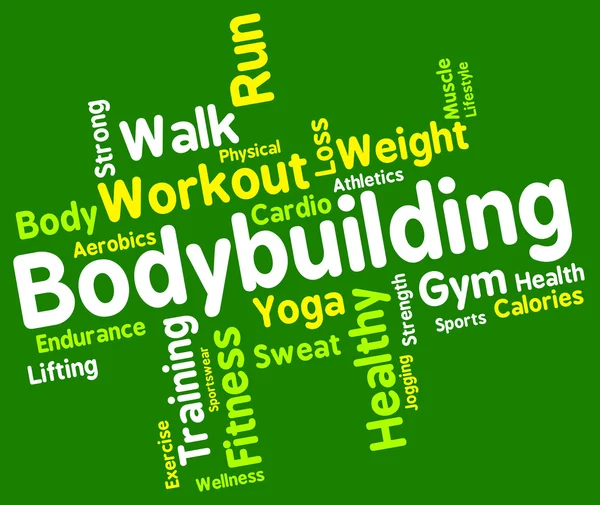 Bodybuilding λέξη δείχνει όργανα γυμναστικής και Dumbell — Φωτογραφία Αρχείου