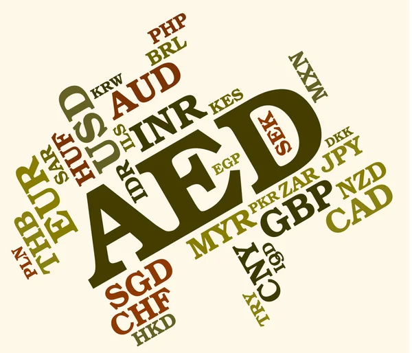 Pénznem AED Egyesült Arab Emírségek és érme mutatja — Stock Fotó