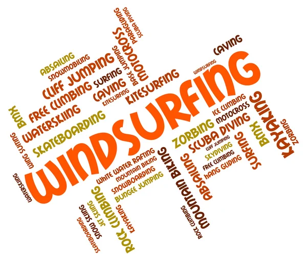Windsurfing slovo ukazuje plachtu vstup na palubu a Text — Stock fotografie