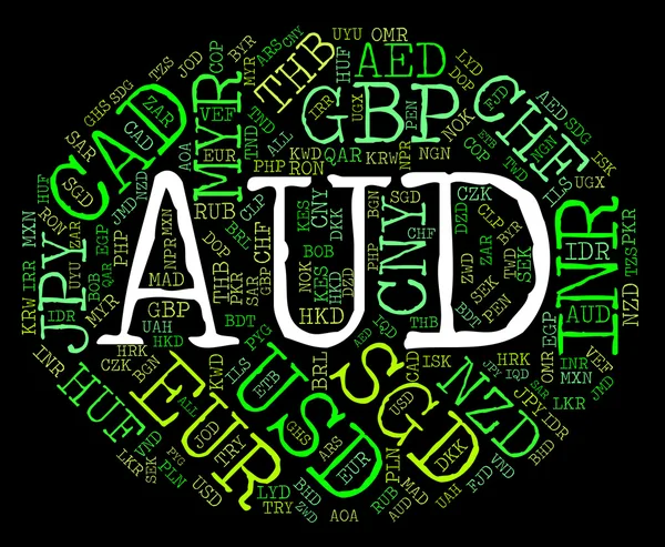 Aud Currency Means Worldwide Trading And Coinage — Stock Photo, Image