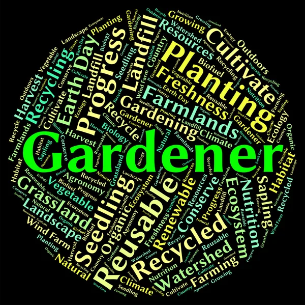 Tuinman woord vertegenwoordigt tuinieren gazon en tekst — Stockfoto