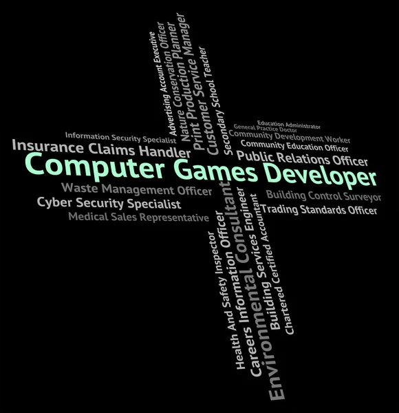 Desenvolvedor de jogos de computador mostra trabalho recreativo e palavra — Fotografia de Stock
