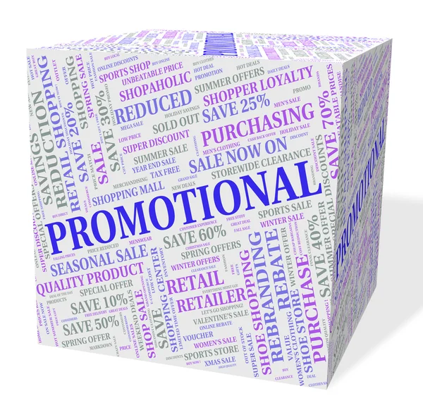 Promotion kub visar försäljning minskning och ord — Stockfoto