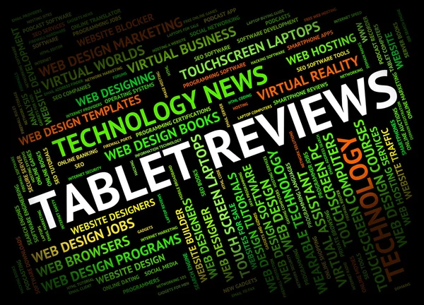 Tabletta áttekintés azt mutatja, értékelési számítógépek és a technológia — Stock Fotó