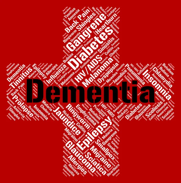 Demencji słowo wskazuje, zły stan zdrowia i Alzheimera — Zdjęcie stockowe