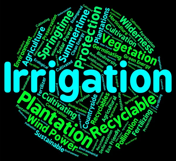 Palavra de irrigação mostra aspersão Irrigação e palavras — Fotografia de Stock