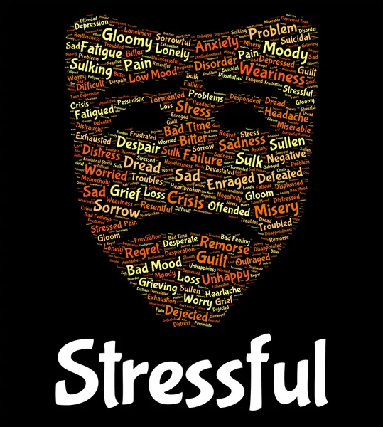 Stresszes szó nyomást jelzi, hogy túlhajszolt és Wordcloud — Stock Fotó