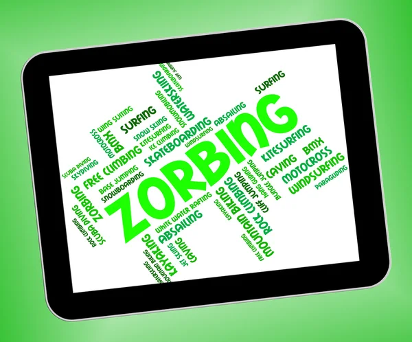 Palavra Zorbing indica Wordcloud Zorber e rolamento — Fotografia de Stock