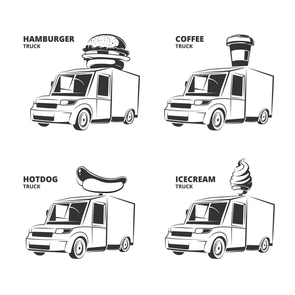 Ice cream, hamburger, hot-dog, kávé teherautók — Stock Vector