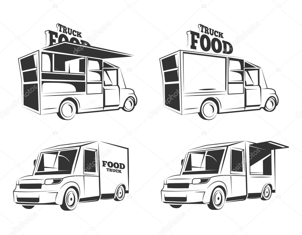 Food trucks. Vintage vector monochrome pictures set for emblems, labels, badges