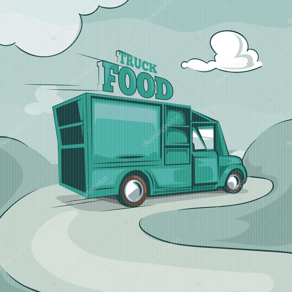 Food truck. Vintage vector monochrome background picture. Retro poster with place for your text