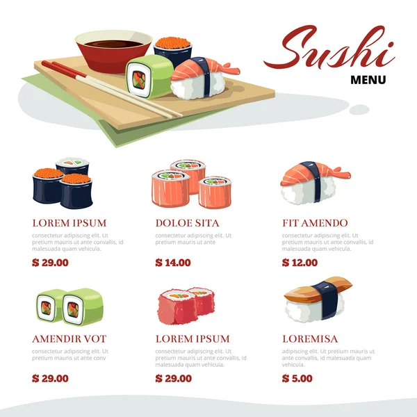 Σούσι κυλίνδρους επίπεδη τροφίμων. Ασία κουζίνα μενού — Διανυσματικό Αρχείο