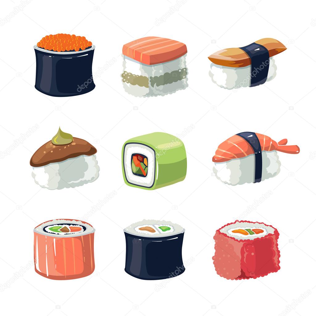 Sushi Set On A Wooden Board Cartoon Vector Illustration Sushi